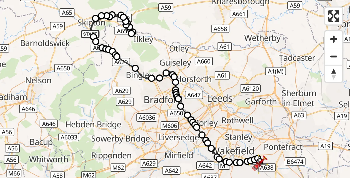 Flight route Air Ambulance Helicopter Skipton - YAA Nostell Helicopter Port, 12 October 2026, 12:43