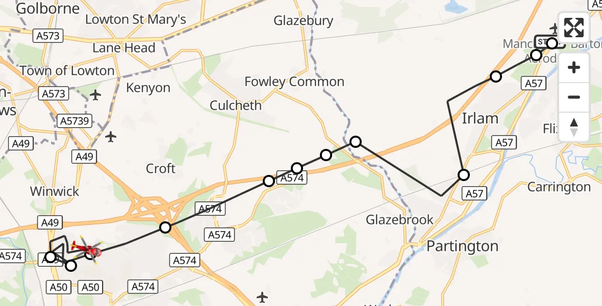 Flight route Air Ambulance Helicopter Manchester Barton Aerodrome - Winwick, 12 October 2026, 13:14