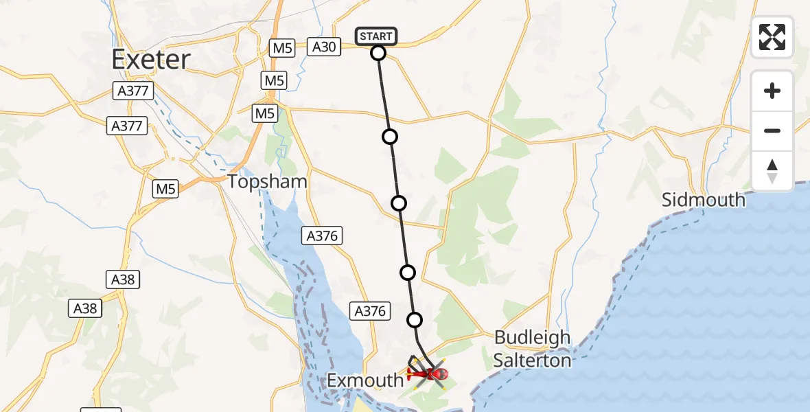 Flight route Air Ambulance Helicopter Exeter International Airport - Exmouth, 12 October 2026, 13:20