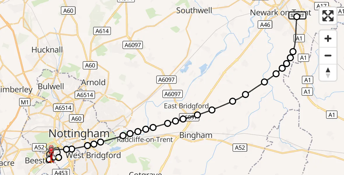 Flight route Air Ambulance Helicopter Newark on Trent - City of Nottingham, 12 October 2026, 13:24