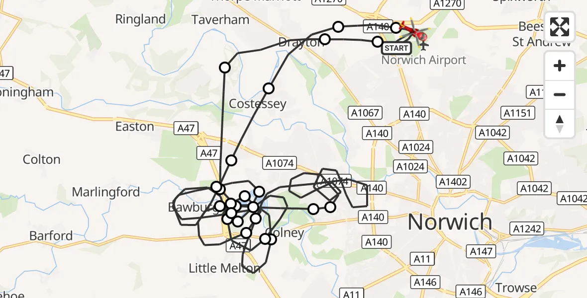 Flight route Air Ambulance Helicopter Norwich Airport - Norwich Airport, 12 October 2026, 13:29