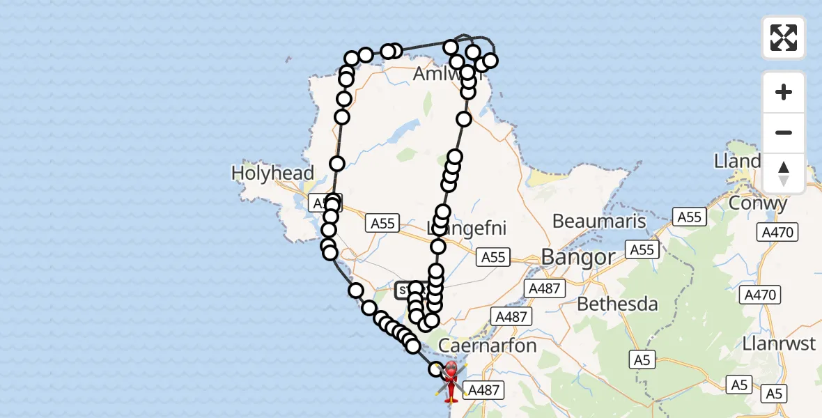 Flight route Air Ambulance Helicopter Malltraeth - Caernarfon Airport, 12 October 2026, 13:36