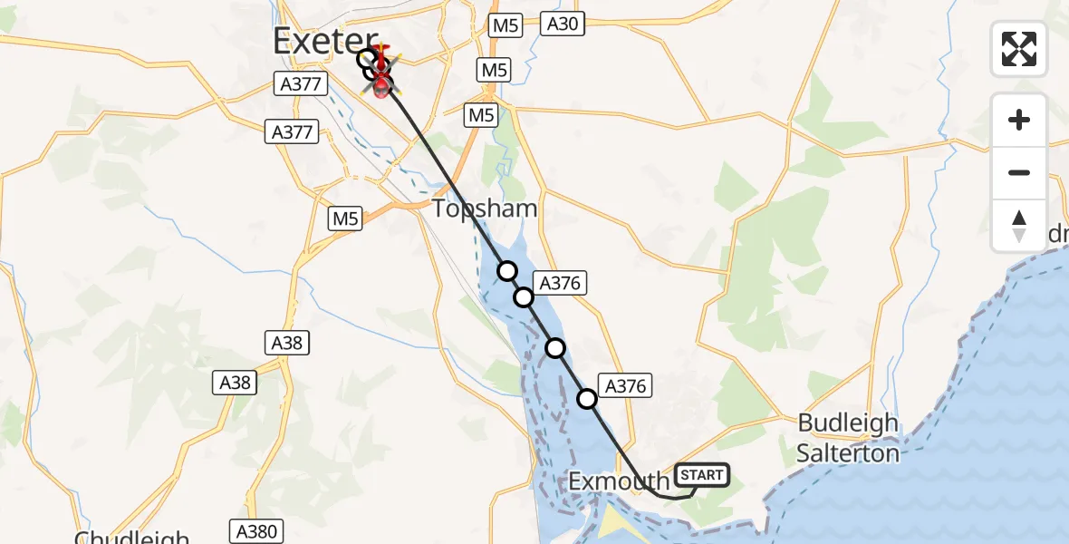 Flight route Air Ambulance Helicopter Exmouth - Royal Devon & Exeter Hospital, 12 October 2026, 13:56