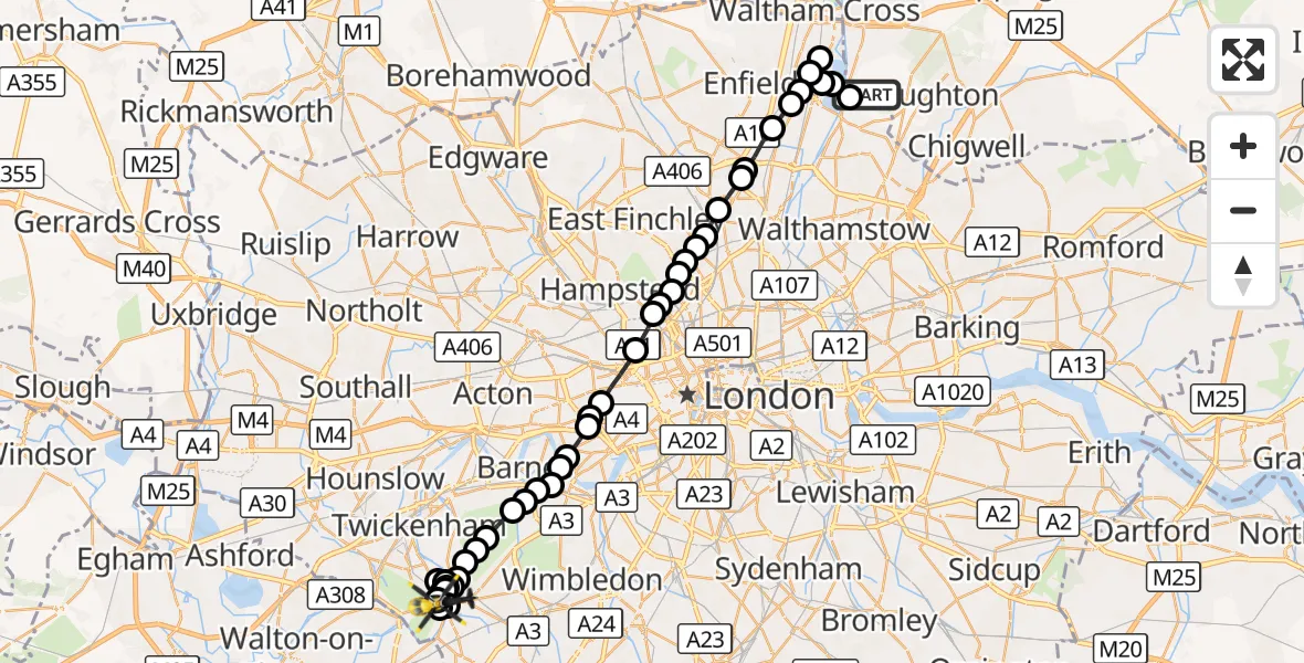 Flight route Police Helicopter Chingford - Norbiton, 12 October 2026, 13:59