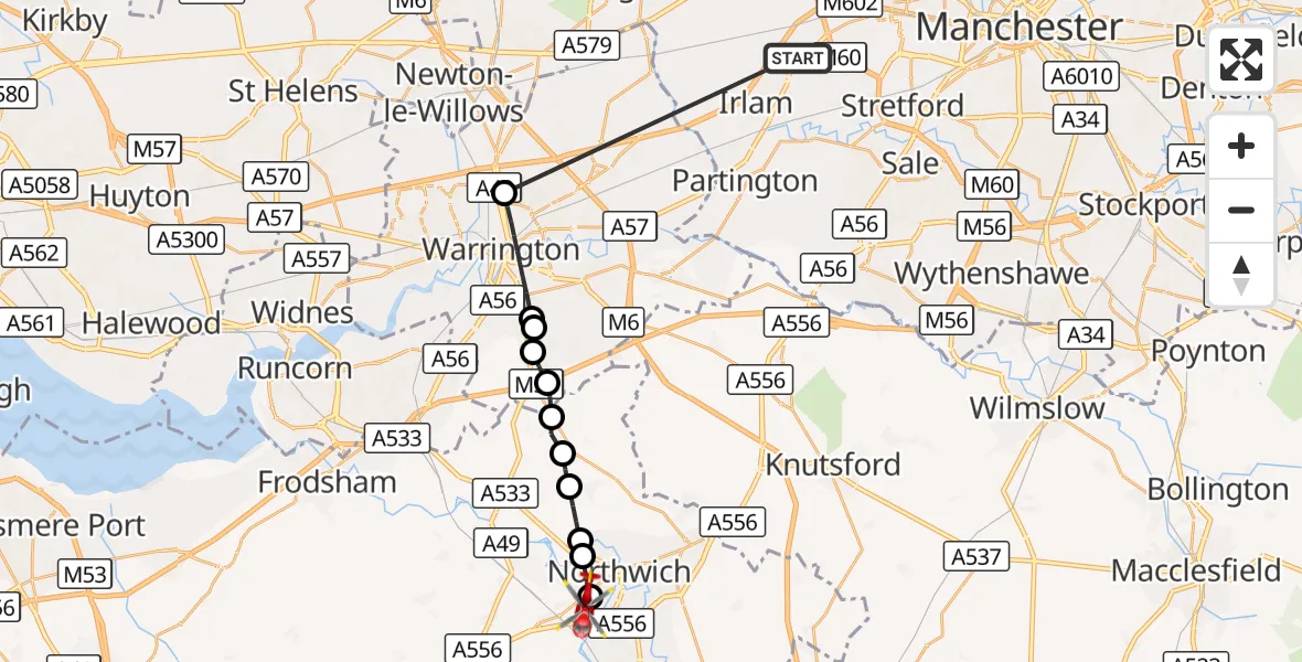 Flight route Air Ambulance Helicopter Manchester Barton Aerodrome - Hartford, 12 October 2026, 14:16