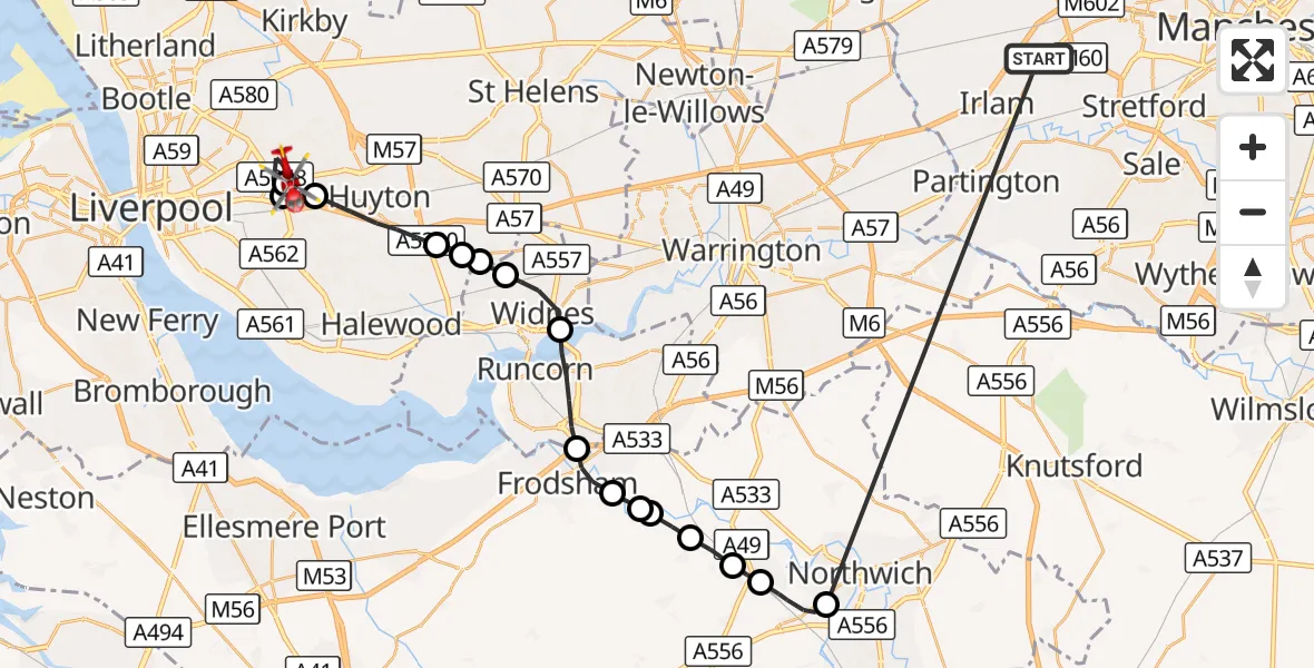 Flight route Air Ambulance Helicopter Manchester Barton Aerodrome - Knotty Ash, 12 October 2026, 14:28
