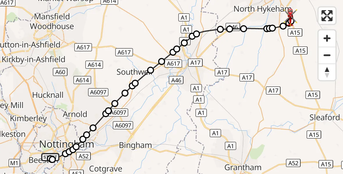 Flight route Air Ambulance Helicopter City of Nottingham - North Kesteven, 12 October 2026, 14:42