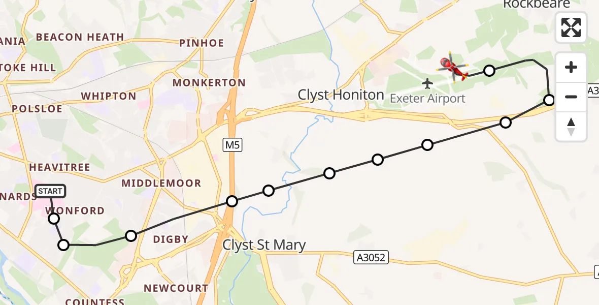 Flight route Air Ambulance Helicopter Royal Devon & Exeter Hospital - Exeter International Airport, 12 October 2026, 14:44