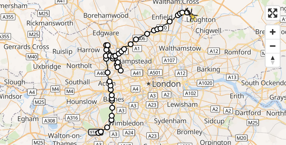 Flight route Police Helicopter Hampton Wick - Sewardstonebury, 12 October 2026, 14:49