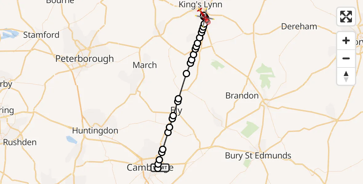 Flight route Air Ambulance Helicopter Cambridge City Airport - West Winch, 12 October 2026, 15:13