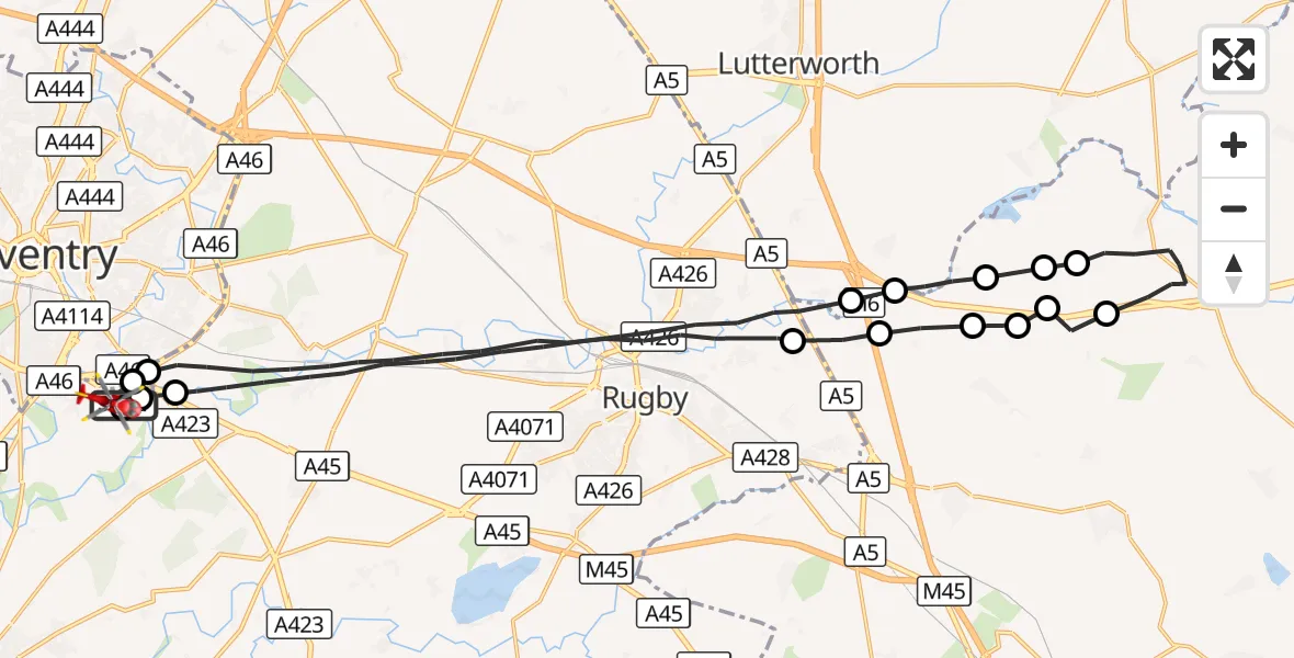 Flight route Air Ambulance Helicopter Coventry Airport - Coventry Airport, 12 October 2026, 15:14