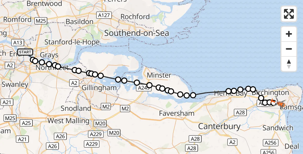Flight route Coastguard Helicopter Purfleet-on-Thames - Manston Airport, 12 October 2026, 15:22