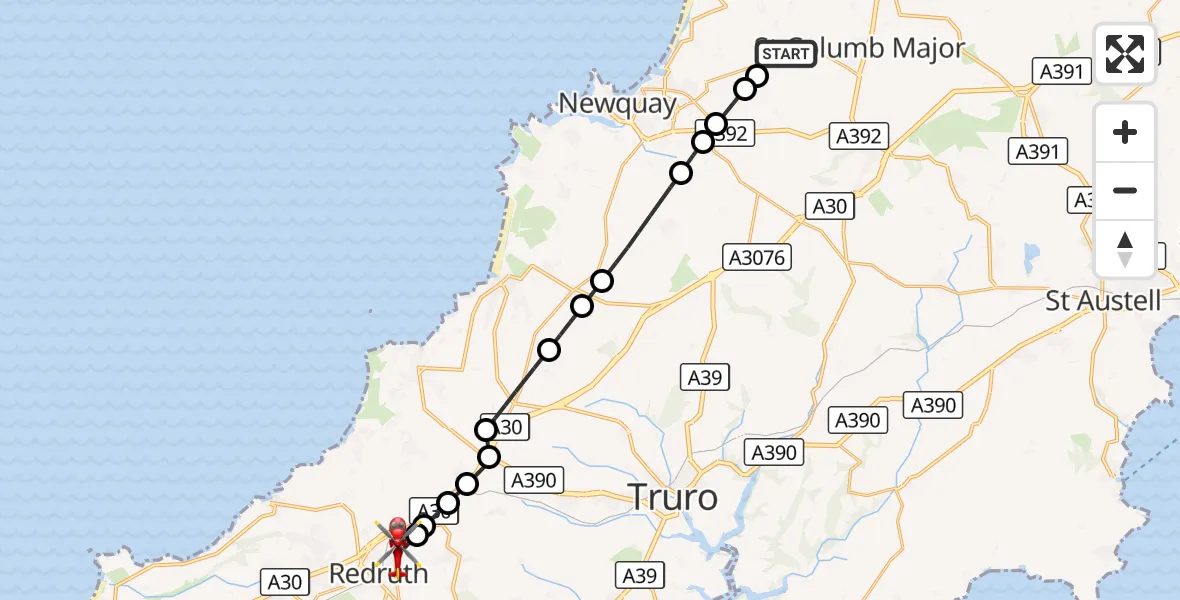 Flight route Air Ambulance Helicopter Cornwall Airport Newquay - Redruth, 12 October 2026, 15:32