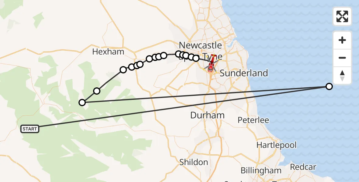 Flight route Air Ambulance Helicopter Ousby - Gateshead, 12 October 2026, 15:58