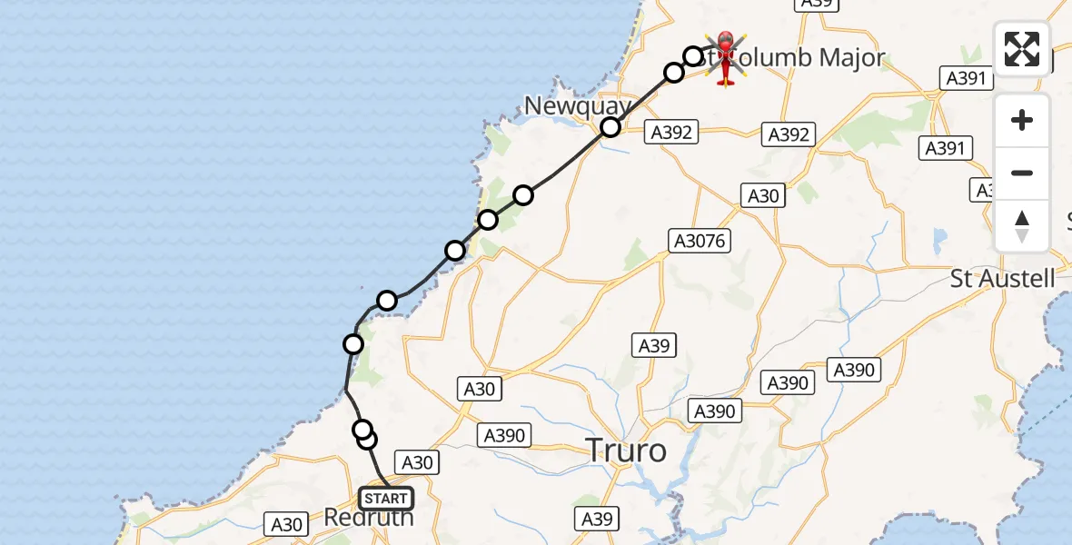 Flight route Air Ambulance Helicopter Redruth - Cornwall Airport Newquay, 12 October 2026, 16:18