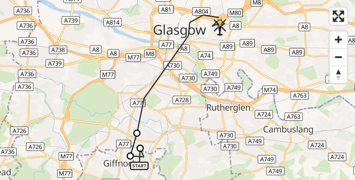 Flight route Police Helicopter Giffnock - Glasgow, 12 October 2026, 16:25