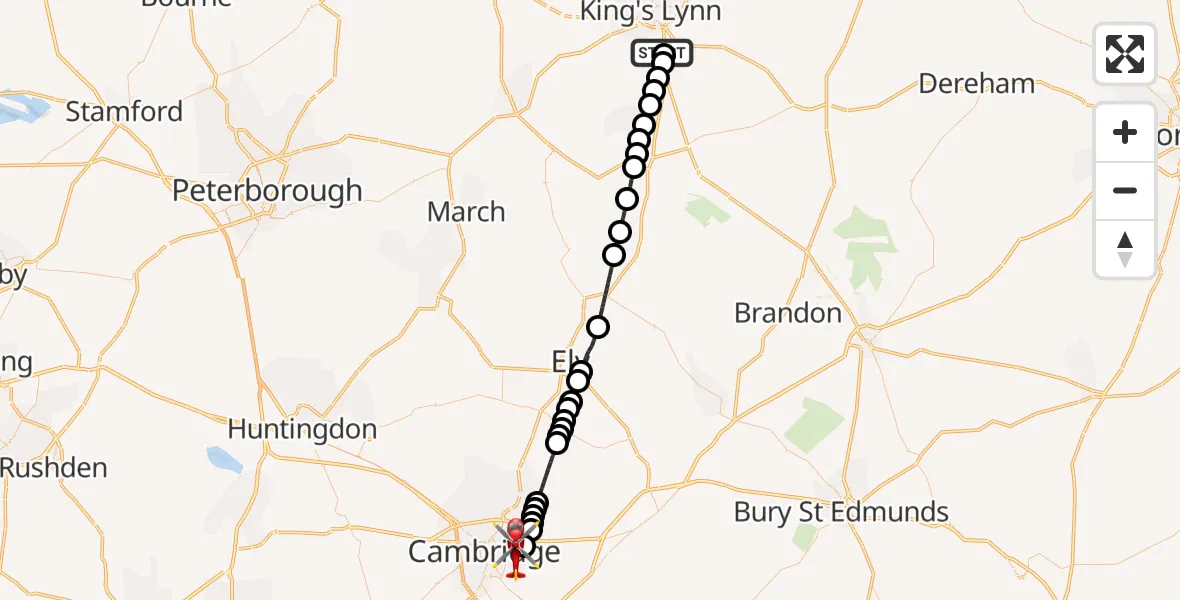 Flight route Air Ambulance Helicopter West Winch - Cambridge City Airport, 12 October 2026, 16:37