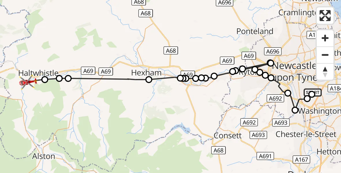 Flight route Air Ambulance Helicopter Gateshead - Featherstone, 12 October 2026, 16:42