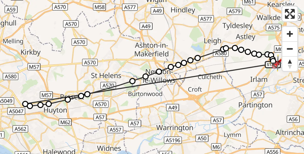 Flight route Air Ambulance Helicopter Manchester Barton Aerodrome - Irlam, 12 October 2026, 16:50