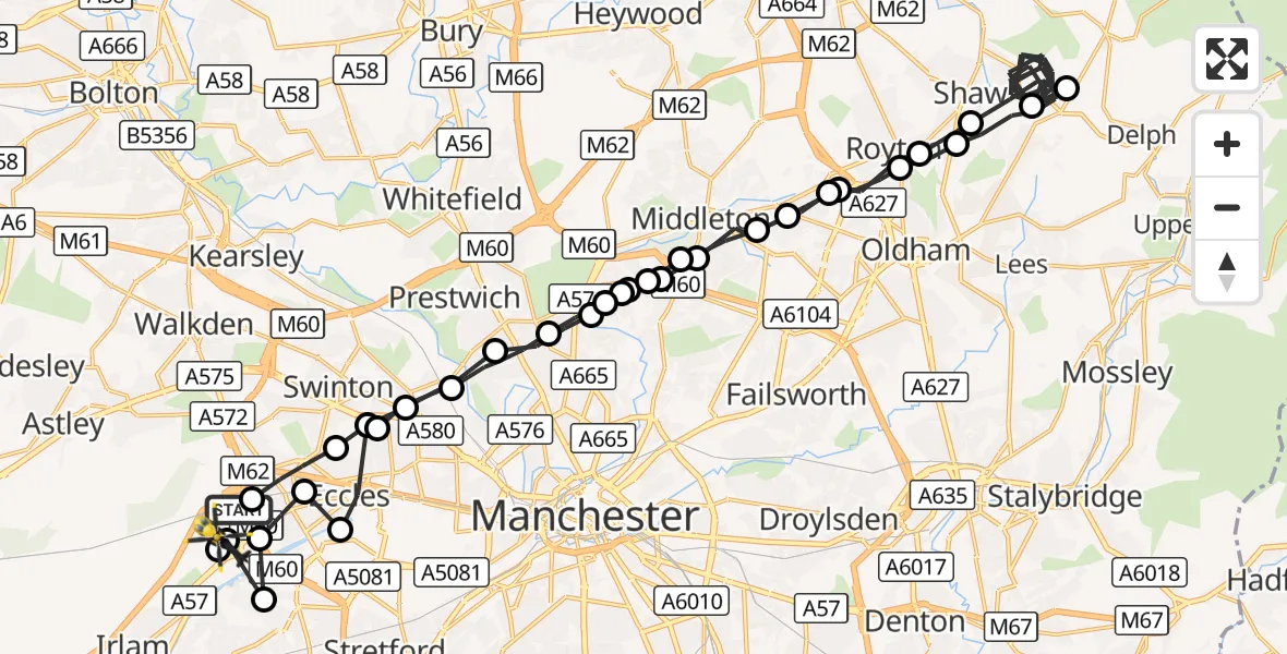 Flight route Police Helicopter Worsley - Manchester Barton Aerodrome, 12 October 2026, 17:25
