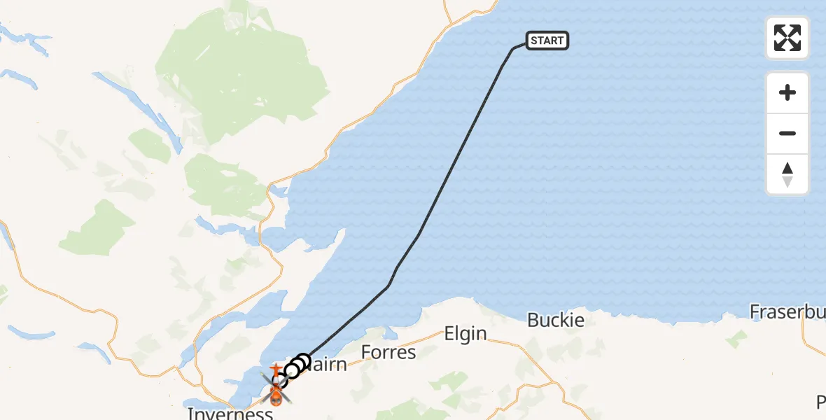 Flight route Coastguard Helicopter North Sea - Inverness Airport, 12 October 2026, 19:16
