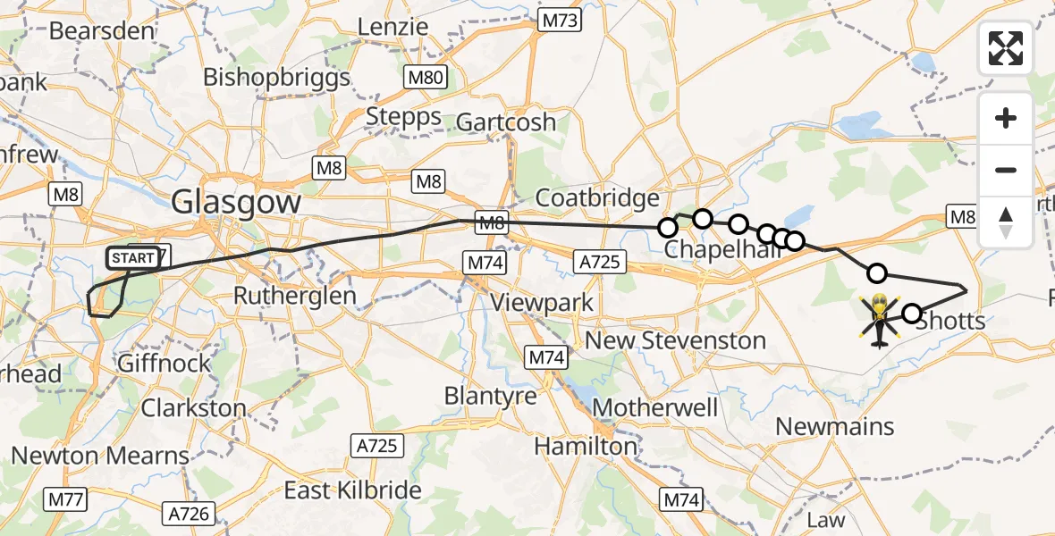 Flight route Police Helicopter Glasgow - Salsburgh, 12 October 2026, 19:37