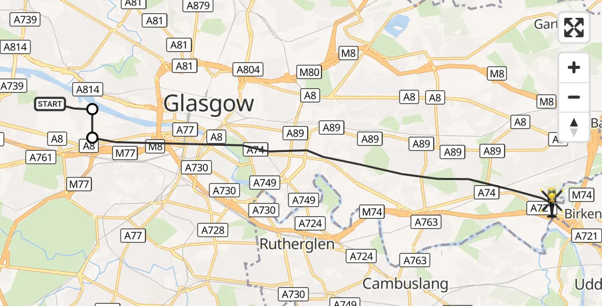 Flight route Police Helicopter Glasgow - Uddingston, 12 October 2026, 22:02