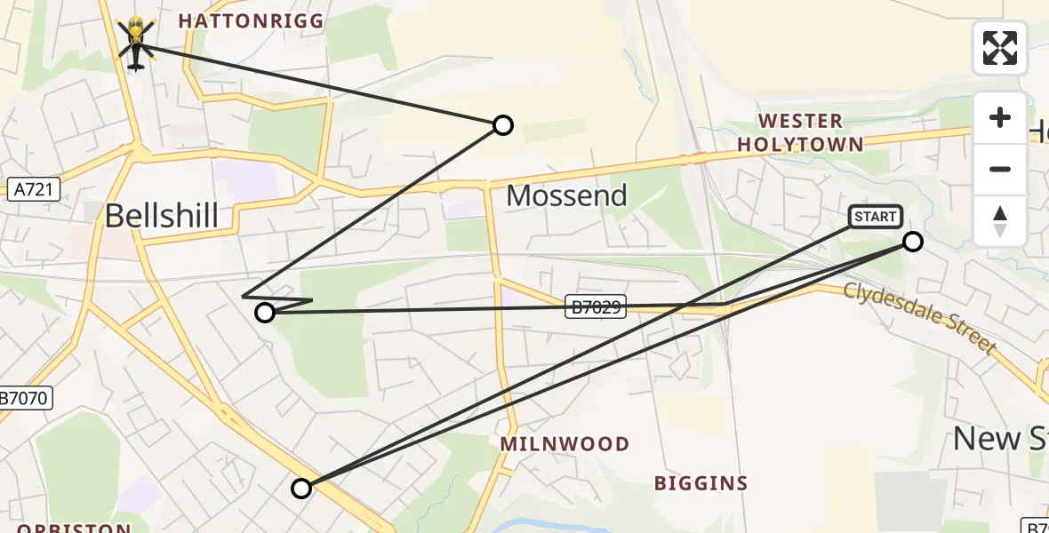Flight route Police Helicopter Holytown - Bellshill, 12 October 2026, 22:32