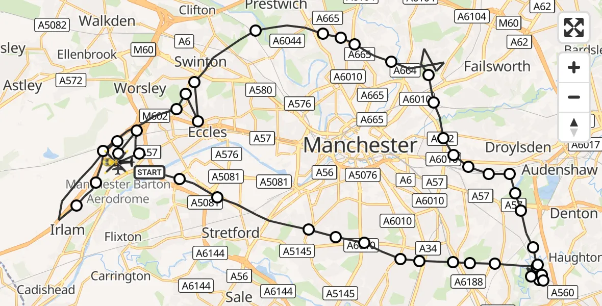 Flight route Police Helicopter Eccles - Manchester Barton Aerodrome, 12 October 2026, 22:59