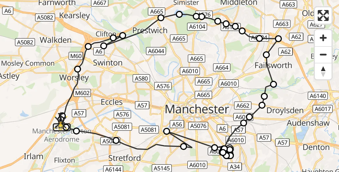 Flight route Police Helicopter Manchester Barton Aerodrome - Manchester Barton Aerodrome, 13 October 2026, 00:45