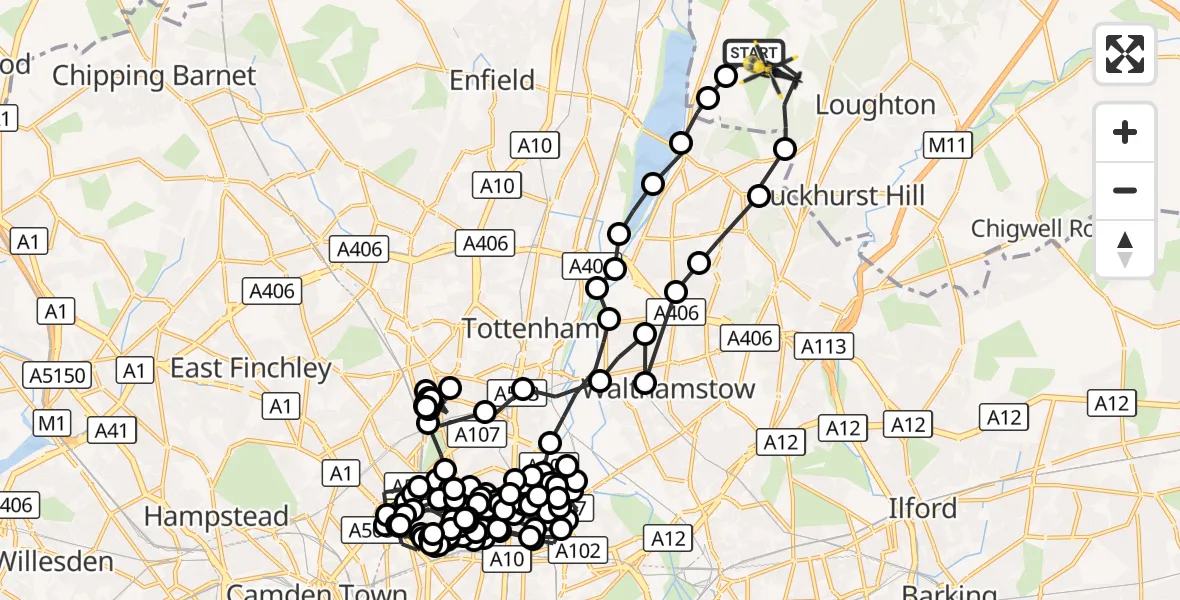 Flight route Police Helicopter Sewardstonebury - Metropolitan Police Air Support Unit Lippitts Hill, 13 October 2026, 00:51