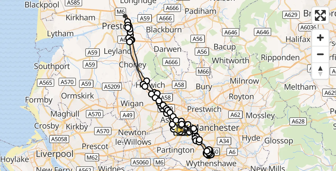 Flight route Police Helicopter Manchester Barton Aerodrome - Manchester Barton Aerodrome, 13 October 2026, 01:28