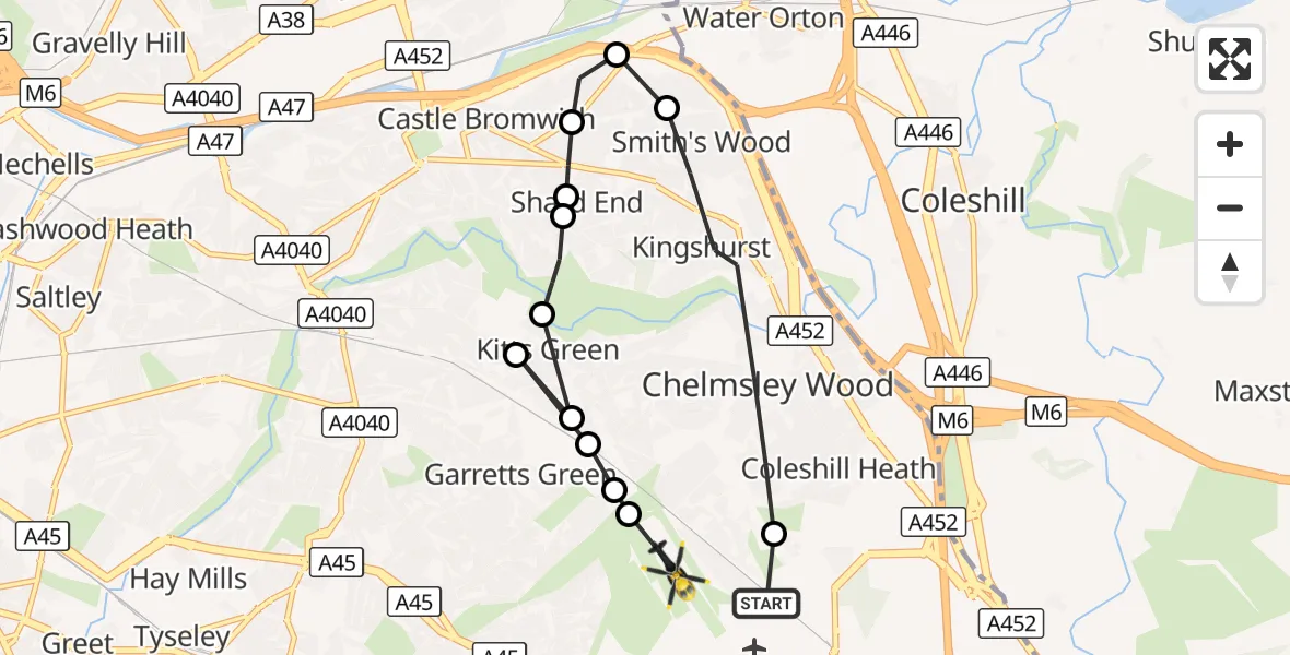 Flight route Police Helicopter Birmingham Airport - Birmingham Airport, 13 October 2026, 03:05