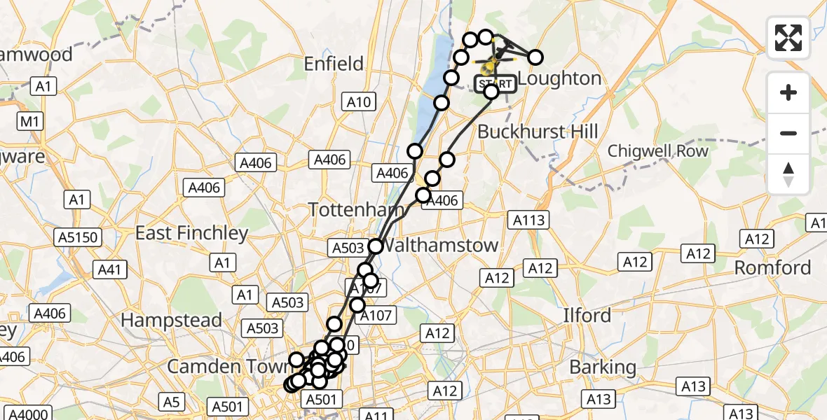 Flight route Police Helicopter Sewardstonebury - Metropolitan Police Air Support Unit Lippitts Hill, 13 October 2026, 06:31
