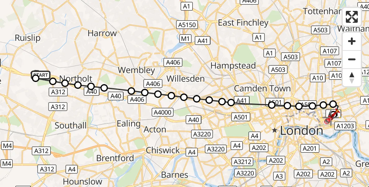Flight route Air Ambulance Helicopter RAF Northolt - Royal London Hospital, 13 October 2026, 06:52