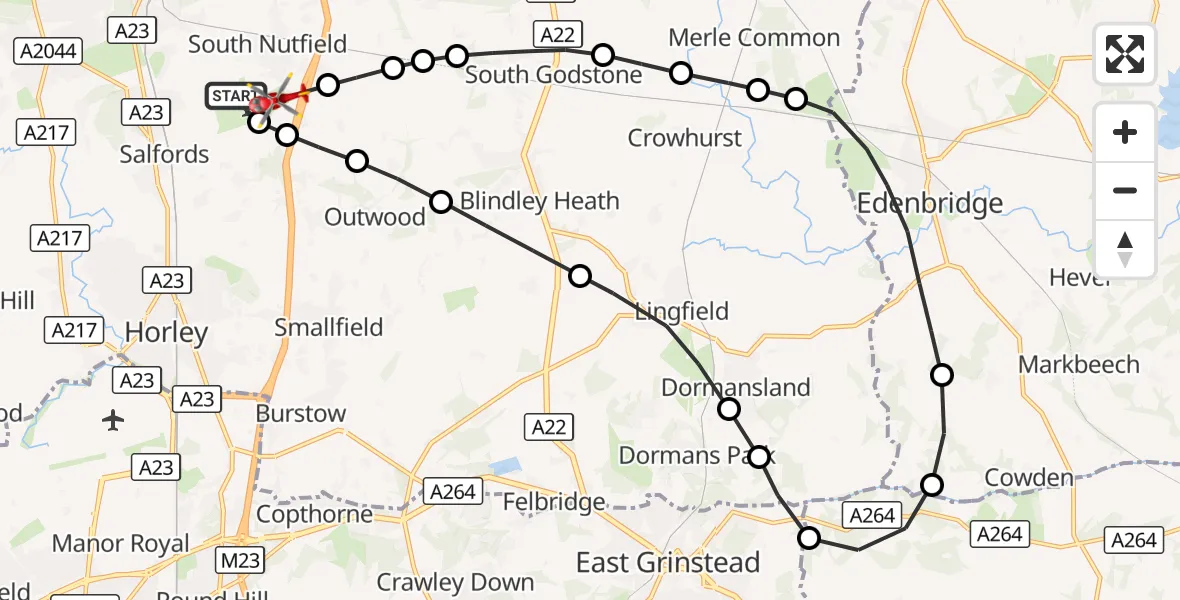 Flight route Air Ambulance Helicopter Redhill Aerodrome - South Nutfield, 13 October 2026, 06:54