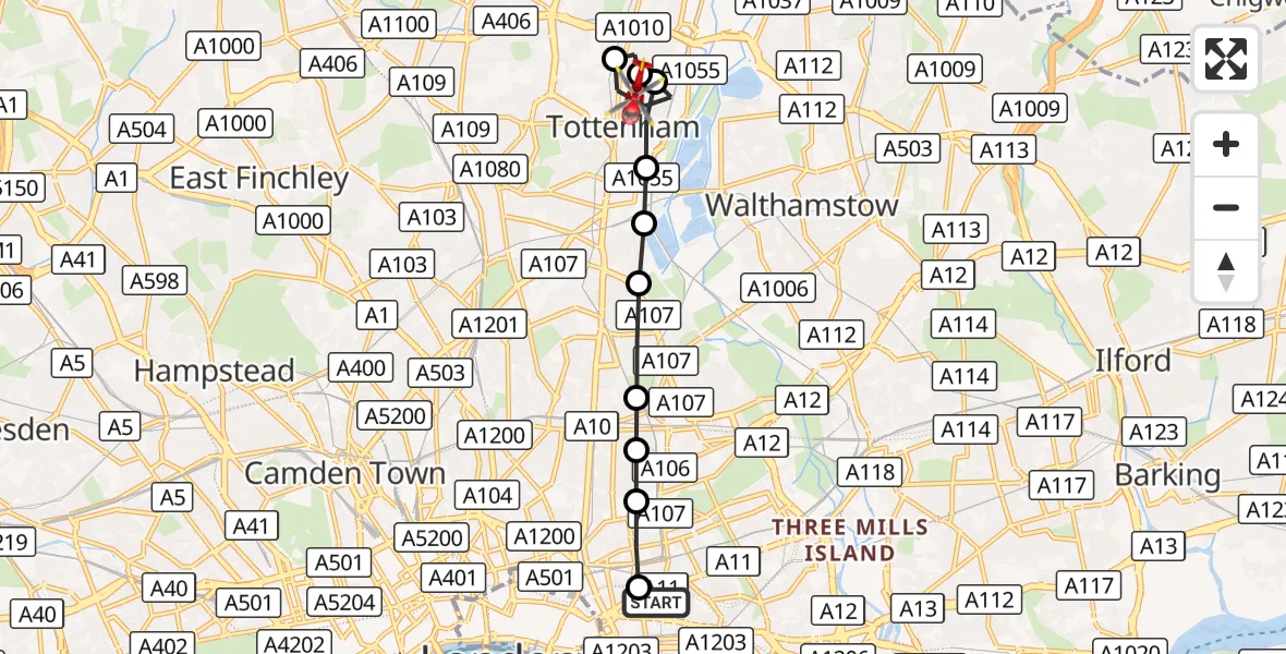 Flight route Air Ambulance Helicopter Royal London Hospital - Haringey, 13 October 2026, 07:34