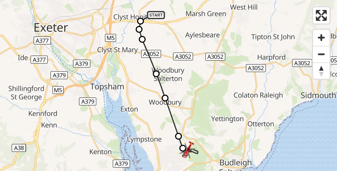 Flight route Air Ambulance Helicopter Exeter International Airport - Exmouth, 13 October 2026, 07:39
