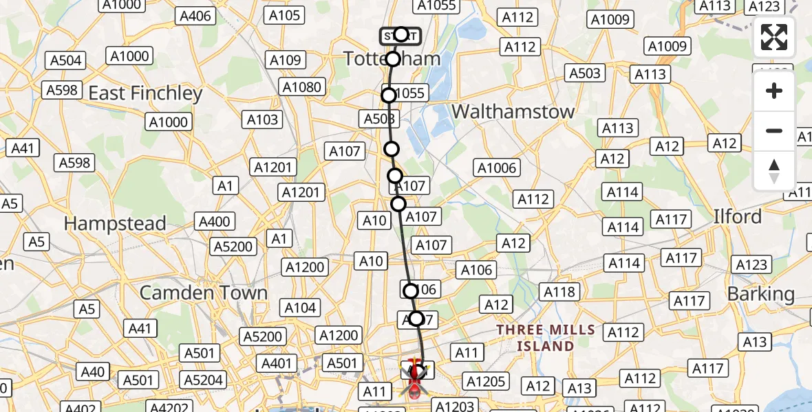 Flight route Air Ambulance Helicopter Duke's Aldridge Academy - Royal London Hospital, 13 October 2026, 08:12