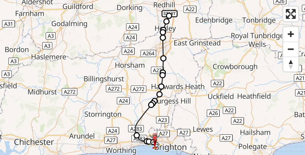 Flight route Air Ambulance Helicopter Redhill Aerodrome - Portslade by Sea, 13 October 2026, 08:22