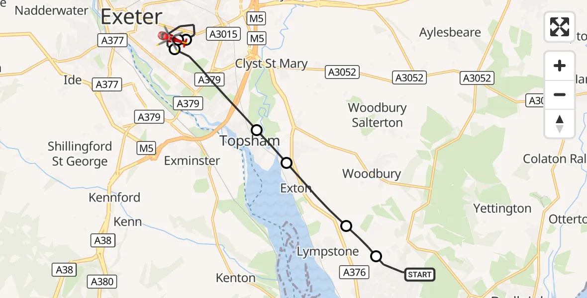 Flight route Air Ambulance Helicopter Exmouth - Royal Devon & Exeter Hospital, 13 October 2026, 08:36