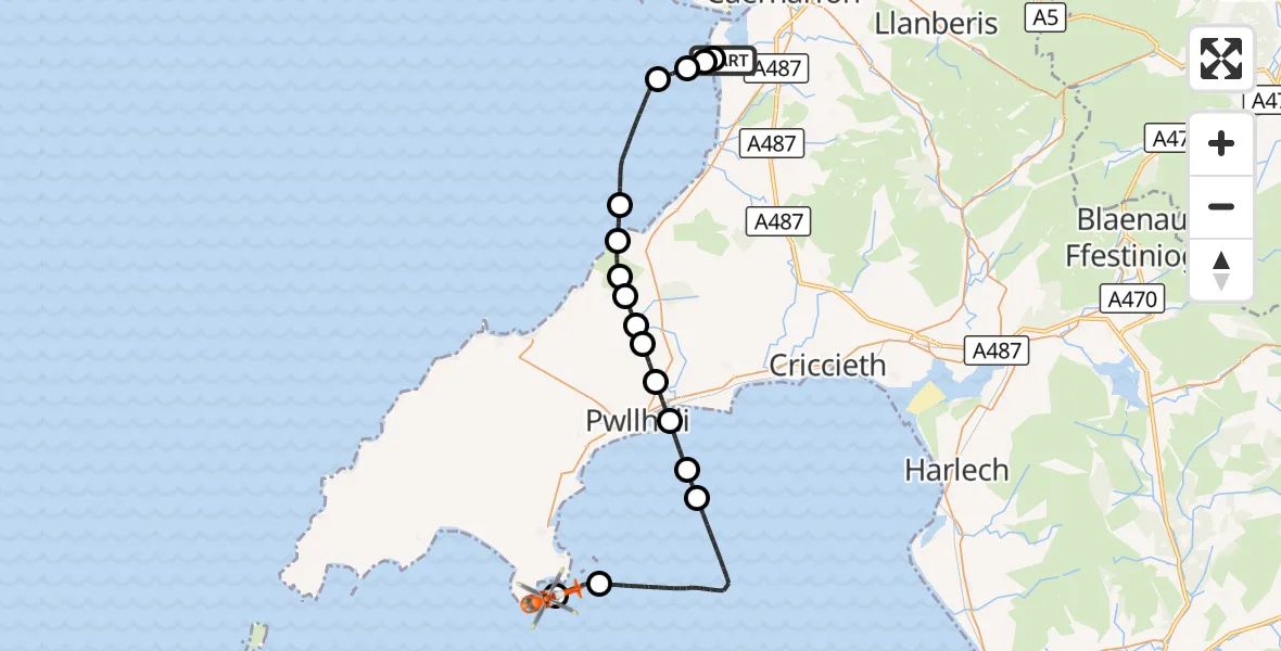 Flight route Coastguard Helicopter Caernarfon Airport - Llanengan, 13 October 2026, 08:42