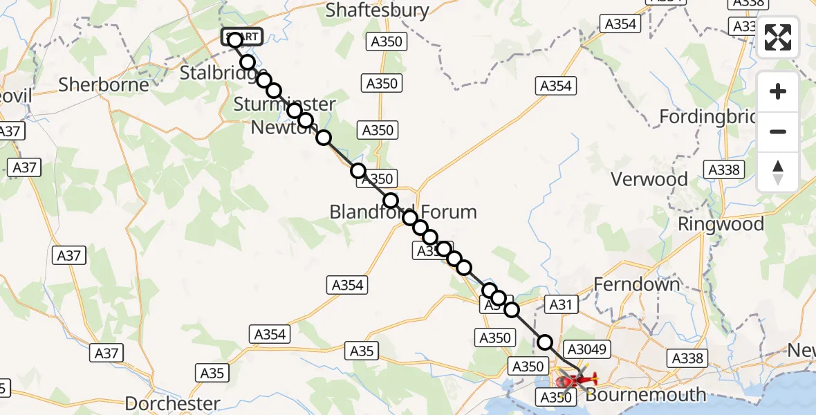 Flight route Air Ambulance Helicopter Henstridge Airfield - Poole, 13 October 2026, 08:57