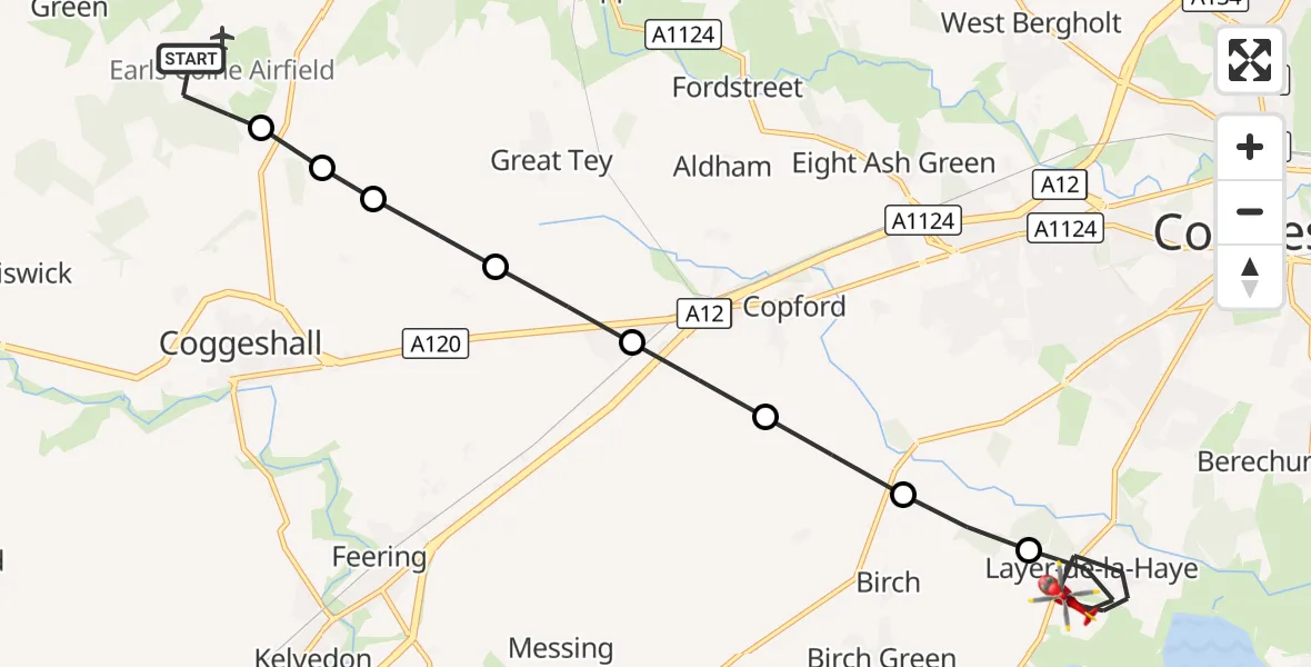Flight route Air Ambulance Helicopter Braintree - Layer-de-la-Haye, 13 October 2026, 09:05