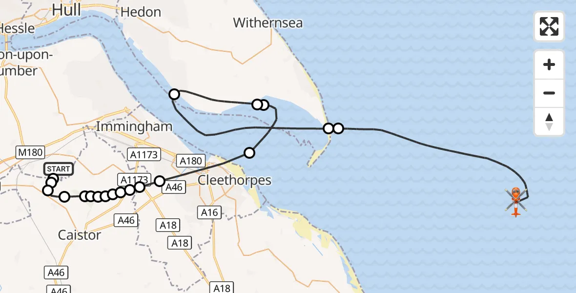 Flight route Coastguard Helicopter Humberside Airport - North Sea, 13 October 2026, 09:12
