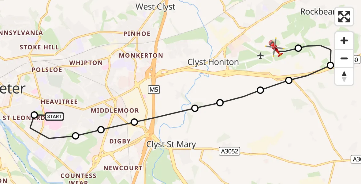 Flight route Air Ambulance Helicopter Royal Devon & Exeter Hospital - Exeter International Airport, 13 October 2026, 09:16