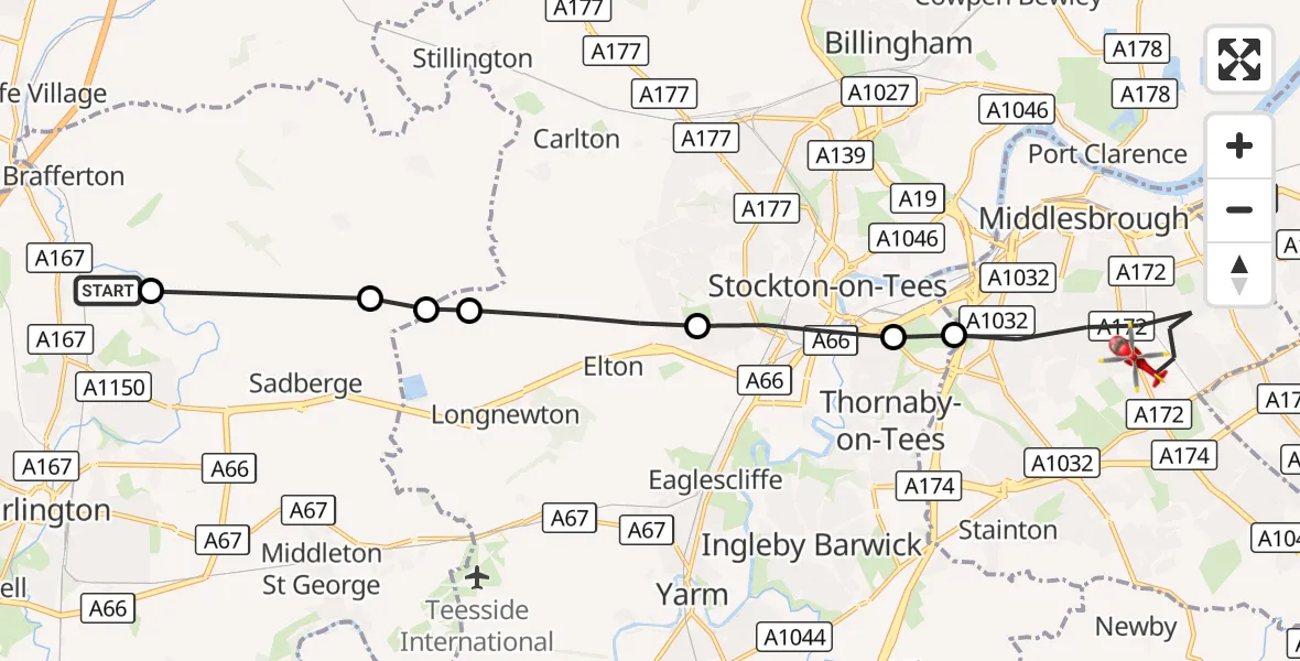 Flight route Air Ambulance Helicopter Brafferton - James Cook University Hospital, 13 October 2026, 09:18