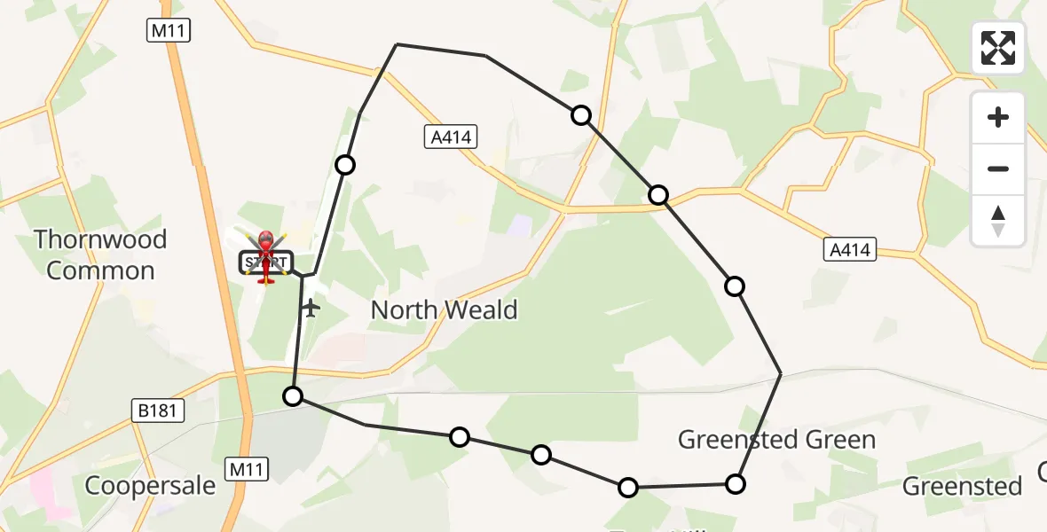 Flight route Air Ambulance Helicopter North Weald Airfield - North Weald Airfield, 13 October 2026, 09:18