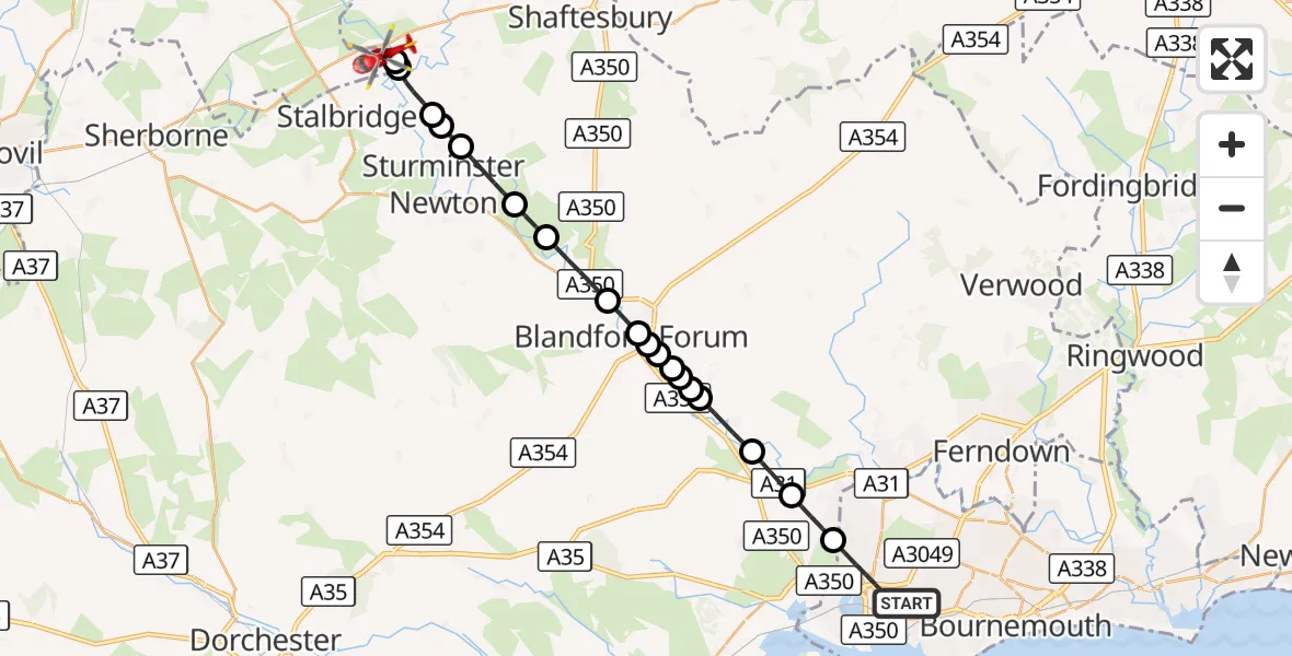 Flight route Air Ambulance Helicopter Poole - Henstridge, 13 October 2026, 09:25