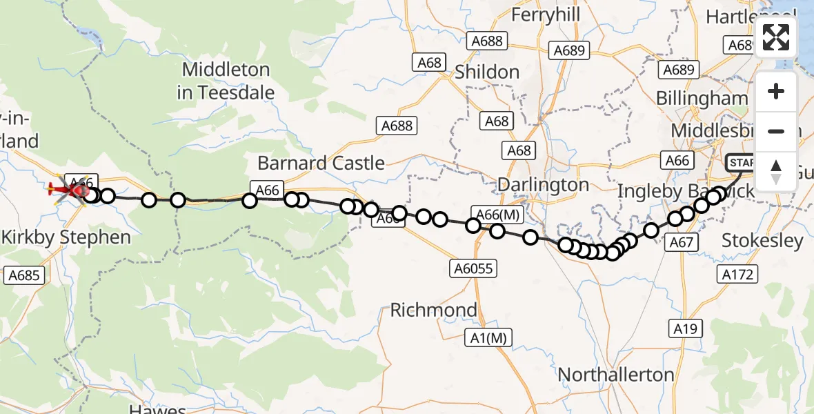 Flight route Air Ambulance Helicopter Middlesbrough - Church Brough, 13 October 2026, 10:00